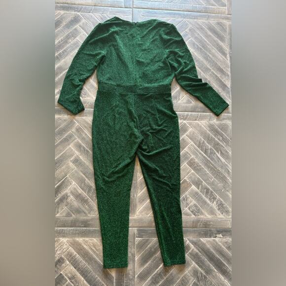 bebe Emerald Green Metallic Knit Long Sleeve V-Neck Jumpsuit | Size L - Picture 7 of 7